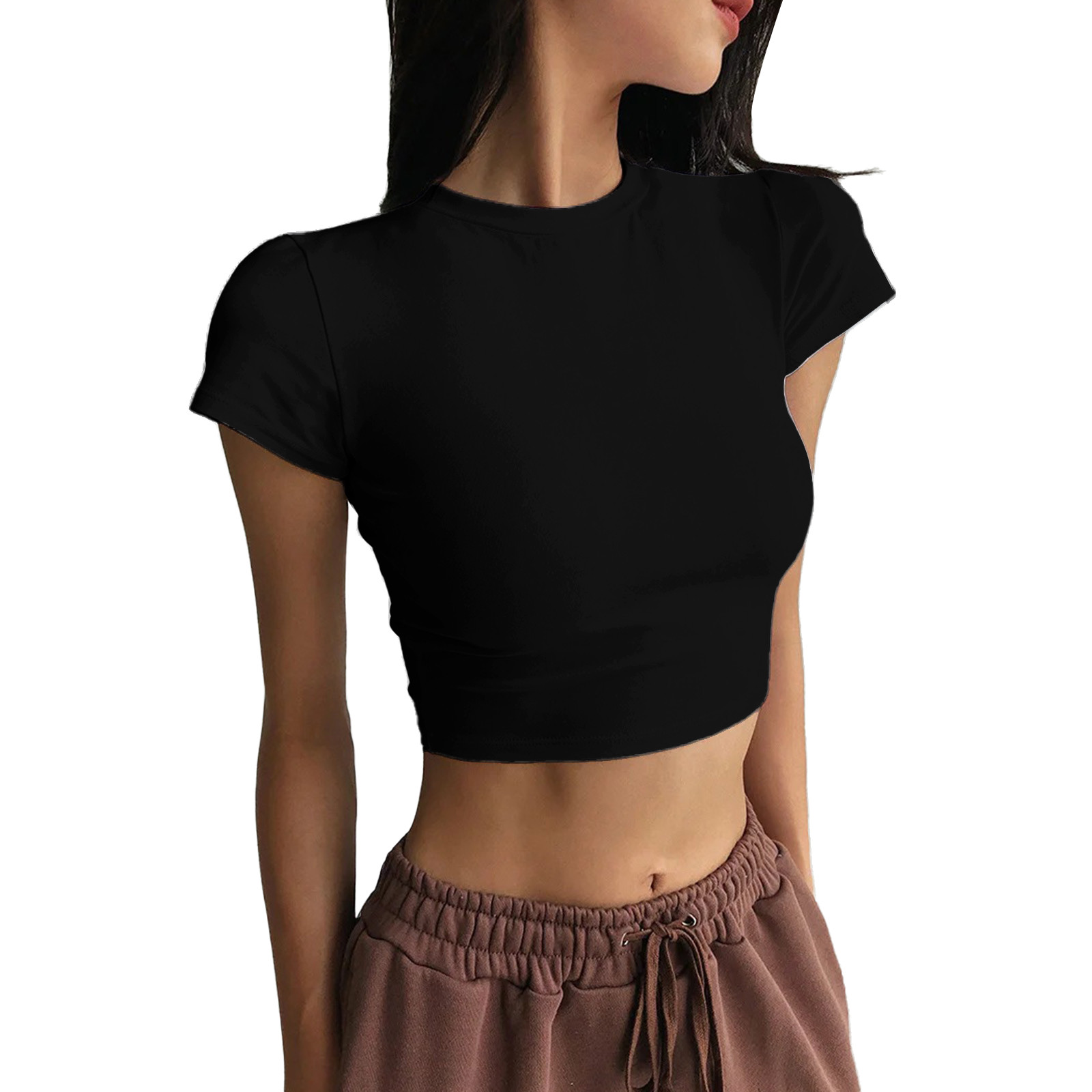 thumbnail image 1 of Blusa túnica de manga corta con cuello redondo y estampado liso para mujer, tejido de algodón, ropa informal/de diario, tallas S-XL, 1 of 4